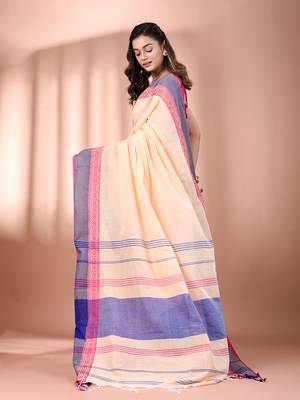 Beige cotton handspun soft saree with texture borders 3