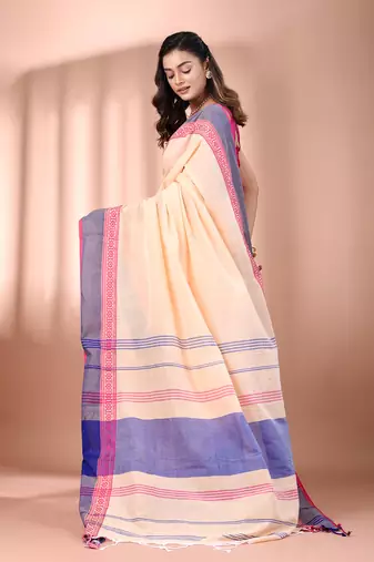 Beige cotton handspun soft saree with texture borders