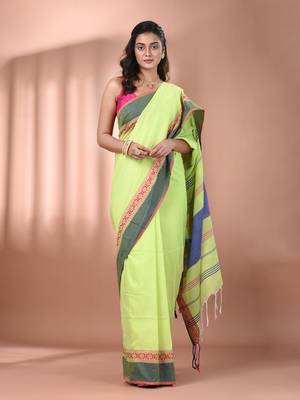 Light green cotton handspun soft saree with texture borders 1