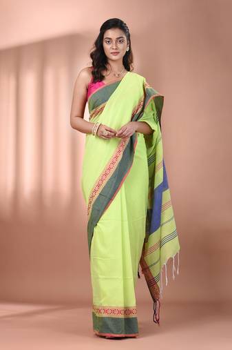 Light green cotton handspun soft saree with texture borders