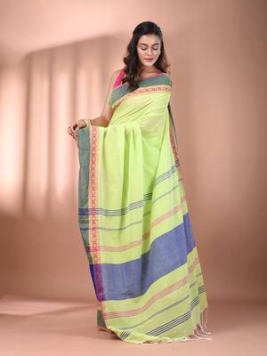 Light green cotton handspun soft saree with texture borders 2