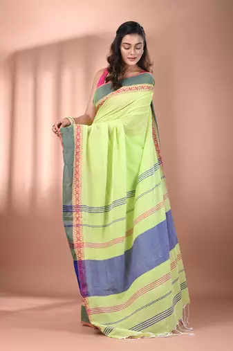 Light green cotton handspun soft saree with texture borders