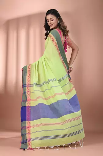 Light green cotton handspun soft saree with texture borders