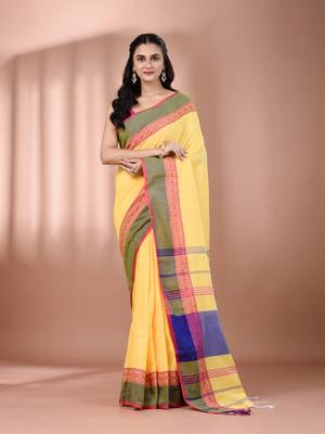 Yellow cotton handspun soft saree with texture borders 1
