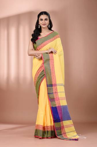 Yellow cotton handspun soft saree with texture borders