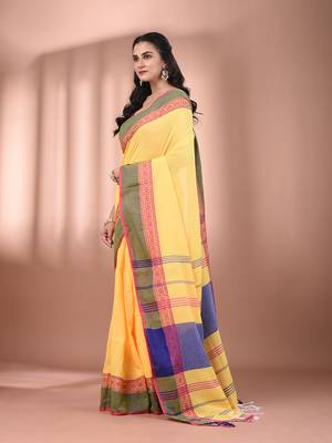 Yellow cotton handspun soft saree with texture borders 2