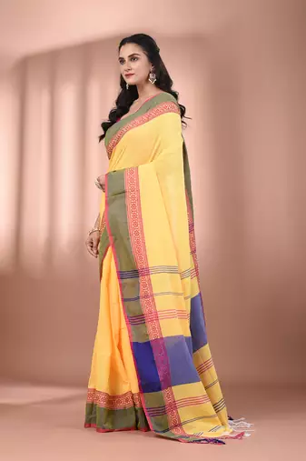 Yellow cotton handspun soft saree with texture borders