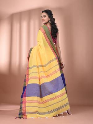 Yellow cotton handspun soft saree with texture borders 3