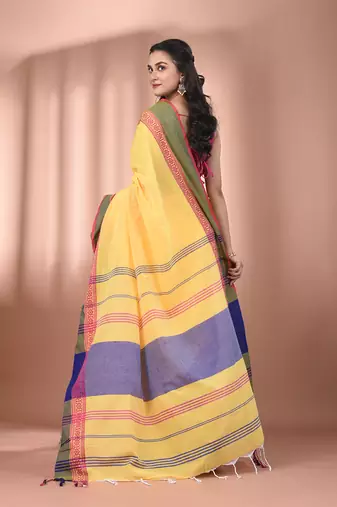 Yellow cotton handspun soft saree with texture borders