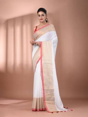 White cotton handspun soft saree with zari borders 1
