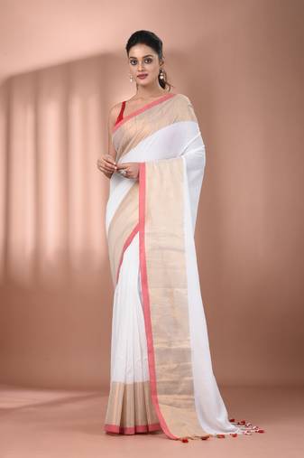 White cotton handspun soft saree with zari borders