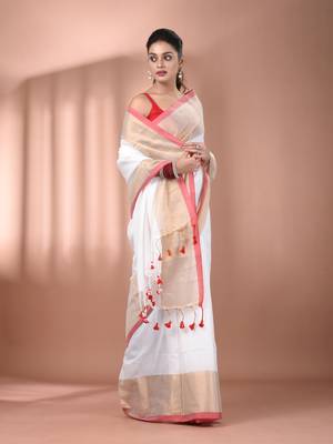 White cotton handspun soft saree with zari borders 2