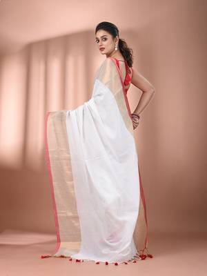White cotton handspun soft saree with zari borders 3
