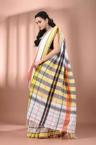 White cotton handspun soft saree with texture borders