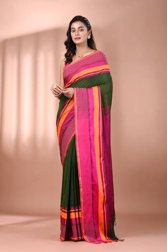 Green cotton handspun soft saree with texture borders