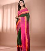 Green cotton handspun soft saree with texture borders