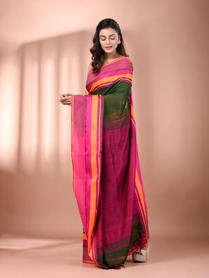 Green cotton handspun soft saree with texture borders 2