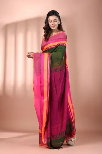 Green cotton handspun soft saree with texture borders
