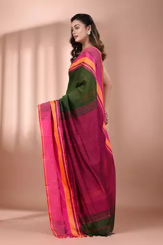 Green cotton handspun soft saree with texture borders