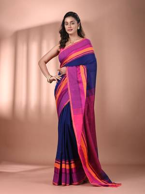 Blue cotton handspun soft saree with texture borders 1