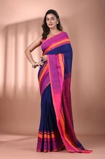 Blue cotton handspun soft saree with texture borders