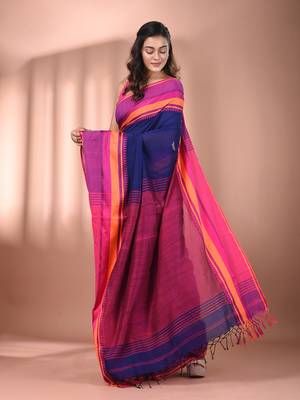 Blue cotton handspun soft saree with texture borders 2