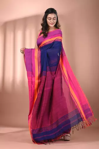 Blue cotton handspun soft saree with texture borders