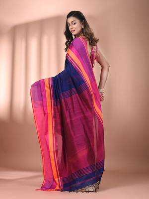 Blue cotton handspun soft saree with texture borders 3