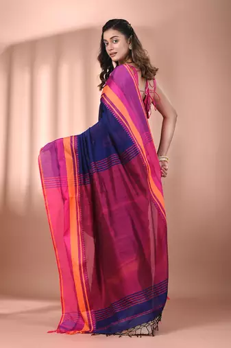 Blue cotton handspun soft saree with texture borders