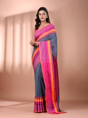 Grey cotton handspun soft saree with texture borders 1