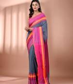 Grey cotton handspun soft saree with texture borders
