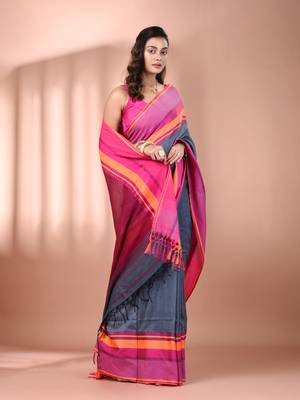 Grey cotton handspun soft saree with texture borders 2