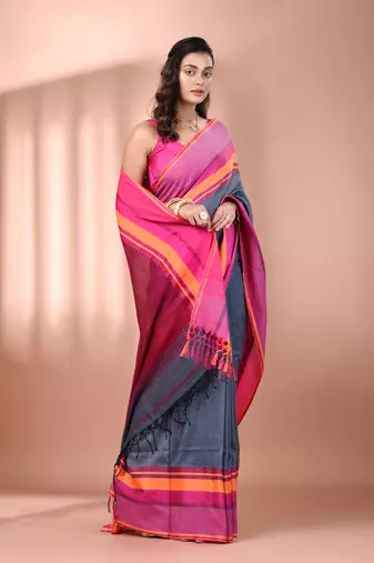 Grey cotton handspun soft saree with texture borders
