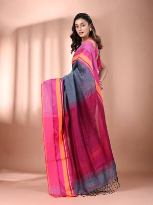 Grey cotton handspun soft saree with texture borders 3