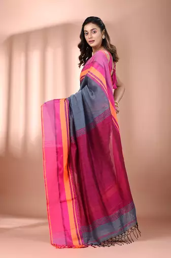 Grey cotton handspun soft saree with texture borders