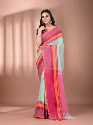 Mint green cotton handspun soft saree with texture borders 1