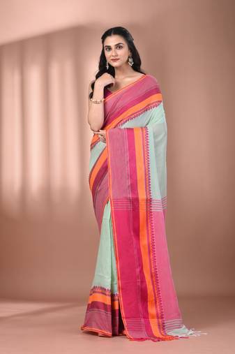 Mint green cotton handspun soft saree with texture borders