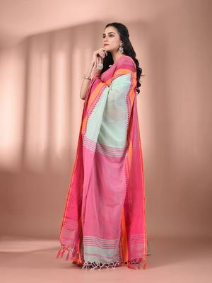 Mint green cotton handspun soft saree with texture borders 2