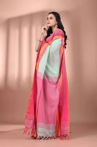 Mint green cotton handspun soft saree with texture borders