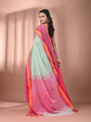 Mint green cotton handspun soft saree with texture borders 3