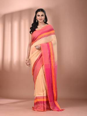 Beige cotton handspun soft saree with texture borders 1