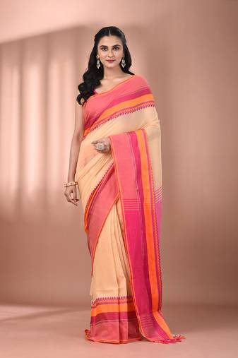 Beige cotton handspun soft saree with texture borders