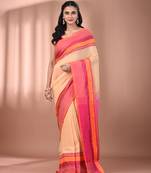 Beige cotton handspun soft saree with texture borders