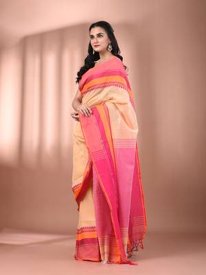 Beige cotton handspun soft saree with texture borders 2