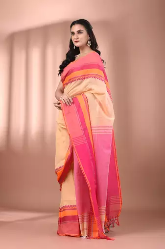 Beige cotton handspun soft saree with texture borders