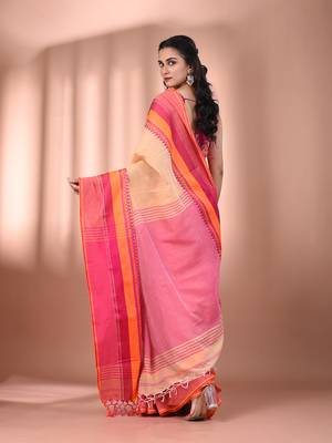 Beige cotton handspun soft saree with texture borders 3
