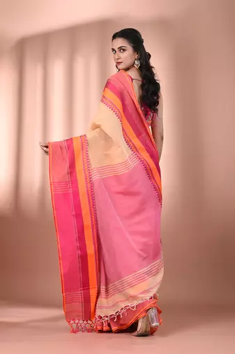 Beige cotton handspun soft saree with texture borders