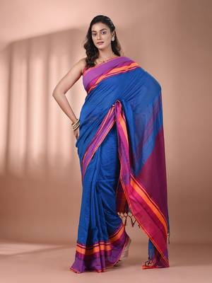 Sapphire blue cotton handspun soft saree with texture borders 1