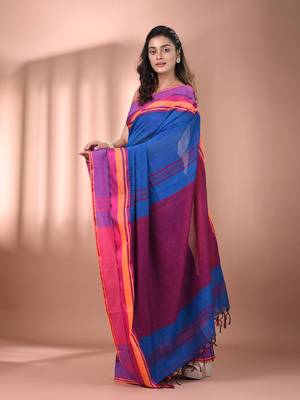 Sapphire blue cotton handspun soft saree with texture borders 2