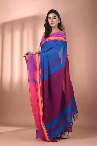 Sapphire blue cotton handspun soft saree with texture borders